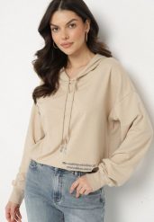 Ciemnobeżowa Bluza z Bawełną i Kapturem Ozdobiona Sznurkami i Cyrkoniami Amoienna. Brązowe bluzy damskie Born2be, l, z aplikacjami, z bawełny, casualowe, bez ramiączek, z kapturem. Za 59.99 zł.