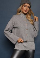 Szary Kardigan z Wiskozą na Metalowe Guziki Asilya. Szare kardigany damskie Renee, m, bez wzorów, z wiskozy, eleganckie, bez kołnierzyka. Za 139.99 zł.