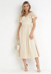 Beżowa Sukienka Midi z Falbanami przy Ramionach Happisa. Brązowe sukienki damskie Born2be, na imprezę, s, bez wzorów, eleganckie, bez kołnierzyka, bez ramiączek, maxi. Za 49.99 zł.