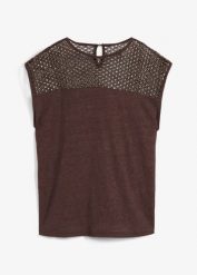 Top z czystego lnu. Czerwone topy damskie bonprix, w ażurowe wzory, ze lnu, bez kołnierzyka, bez ramiączek. Za 64.99 zł.