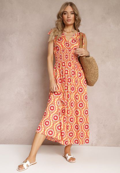 Pomarańczowa Rozkloszowana Sukienka z Wiskozy w Fantazyjny Print Karlene. Brązowe sukienki damskie Renee, l, bez wzorów, z wiskozy, wakacyjne, bez kołnierzyka, bez ramiączek, maxi, rozkloszowane. Za 49.99 zł.