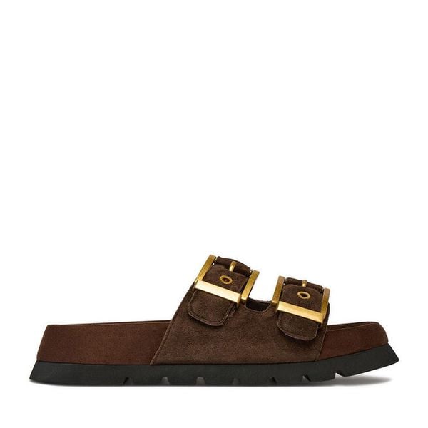 Klapki Badura. Brązowe klapki damskie Badura, bez wzorów, bez obcasa, bez zapięcia. Za 240.99 zł.
