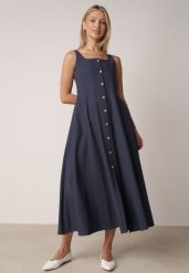 Granatowa Rozkloszowana Sukienka z Bawełną Wiskozą i Guzikami Appeia. Niebieskie sukienki damskie Born2be, na co dzień, m, bez wzorów, z bawełny, klasyczne, bez kołnierzyka, bez ramiączek, maxi, dopasowane. Za 139.99 zł.