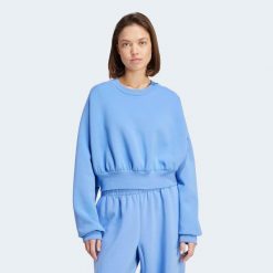Szeroka bluza ADIDAS ALL SZN. Niebieskie bluzy damskie Adidas, l, bez wzorów, z bawełny, casualowe, bez ramiączek, bez kaptura. Za 289.99 zł.