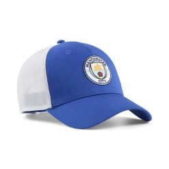 Czapka typu trucker Manchester City KING PUMA. Niebieskie czapki damskie Puma, na jesień, bez wzorów, klasyczne. Za 129.00 zł.