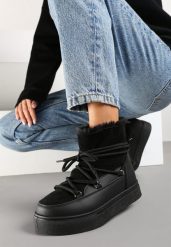 Czarne Sznurowane Śniegowce na Platformie Izastria. Czarne śniegowce damskie Renee, z jeansu, bez zapięcia. Za 69.99 zł.