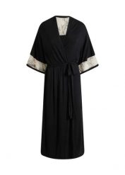 Długi szlafrok kimono z wiskozy z haftem. Czarne szlafroki damskie bonprix, bez wzorów, z koronki, bez ramiączek, bez kaptura. Za 129.99 zł.