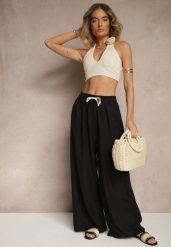 Czarne Spodnie z Bawełną o Szerokim Kroju High Waist z Wiązaniem Noleldi. Czarne spodnie materiałowe damskie Renee, bez wzorów, z bawełny, eleganckie, z podwyższonym stanem. Za 39.99 zł.