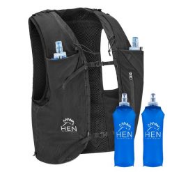 Plecak trekkingowy – z 2 butelkami na wodę o pojemności 500 ml. Czarne plecaki męskie HEN SPORTSGEAR, bez wzorów. Za 219.00 zł.