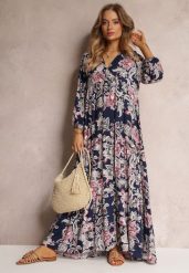 Granatowa Sukienka Oversize w Kwiaty Iophne. Niebieskie sukienki damskie Renee, na lato, l, bez wzorów, bez kołnierzyka, bez ramiączek, maxi, oversize. Za 69.99 zł.
