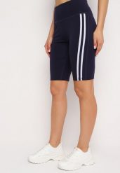 Granatowe Szorty Typu Kolarki z Lampasami Ilorea. Niebieskie szorty damskie Born2be, bez wzorów, z materiału, sportowe. Za 34.99 zł.