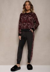 Czerwono-Czarny Komplet Dresowy Welurowy Bluza i Joggery w Panterkę Froliti. Czerwone bluzy damskie Renee, bez wzorów, z dresówki, bez ramiączek, bez kaptura. Za 119.99 zł.