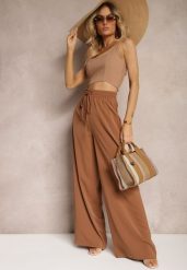 Brązowe Szerokie Spodnie High Waist z Gumką w Talii i Regulowanym Troczkiem Ekalea. Brązowe spodnie materiałowe damskie Renee, bez wzorów, z jeansu, eleganckie, z podwyższonym stanem. Za 74.99 zł.
