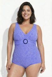 Damskie Strój kąpielowy faktura w kwiaty miękkie miseczki ozdobny pierścień. Fioletowe stroje kąpielowe damskie Ulla Popken, plus size, bez wzorów, z elastanu. Za 191.99 zł.