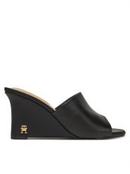 Tommy Hilfiger Klapki Leather Wedge Mule FW0FW08418 Czarny. Czarne klapki damskie Tommy Hilfiger, bez wzorów, ze skóry, bez obcasa, bez zapięcia. Za 459.99 zł.