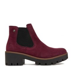 Botki Rieker. Czerwone botki damskie Rieker, bez wzorów, bez obcasa, na płaskiej podeszwie, bez zapięcia. Za 399.99 zł.