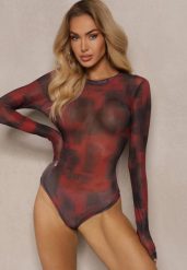 Bordowe Body z Siateczki z Długimi Rękawami i Wzorem Tie-Dye Itavia. Czerwone body Renee, bez wzorów, z jeansu. Za 69.99 zł.
