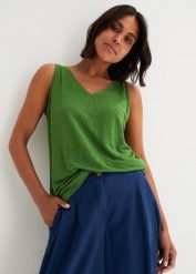 Tank top z lnu. Zielone topy damskie bonprix, bez wzorów, bez kołnierzyka, bez ramiączek. Za 117.99 zł.