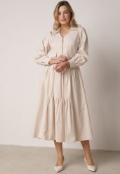 Beżowa Bawełniano-Wiskozowa Sukienka Koszulowa z Imitacją Kieszeni Biriala. Brązowe sukienki damskie Born2be, na co dzień, l, bez wzorów, z bawełny, eleganckie, bez kołnierzyka, bez ramiączek, maxi, koszulowe. Za 149.99 zł.