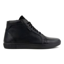 Olivier Buty męskie skórzane sztyblety sneakersy wysokie 427KNT czarne. Czarne botki męskie bez wzorów, ze skóry, eleganckie, bez obcasa, bez zapięcia. Za 367.89 zł.