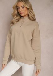 Beżowa Ocieplana Bluza Bawełniana z Półgolfem Heraia. Brązowe bluzy damskie Renee, bez wzorów, z bawełny, casualowe, bez ramiączek, bez kaptura. Za 84.99 zł.