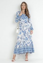 Niebieska Rozkloszowana Sukienka Maxi z Gumkami w Talii i Falbanką Apolla. Niebieskie sukienki damskie Born2be, l, bez wzorów, bez kołnierzyka, bez ramiączek, maxi, kopertowe. Za 89.99 zł.