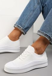 Białe Trampki z Siateczkową Cholewką i Tłoczoną Podeszwą Lalnai. Białe obuwie sportowe damskie Renee, bez wzorów, z jeansu, bez zapięcia. Za 39.99 zł.