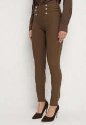 Brązowe Spodnie Ozdobione Guzikami i Zakładkami Vamiole. Brązowe spodnie materiałowe damskie Born2be, bez wzorów, z jeansu, biznesowe. Za 49.99 zł.