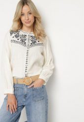 Beżowa Koszula z Bawełny w Stylu Boho Zdobiona Haftem Gonilwen. Brązowe koszule damskie Born2be, l, z aplikacjami, z bawełny, boho, bez kołnierzyka, bez ramiączek. Za 109.99 zł.