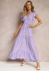 Fioletowa Rozkloszowana Sukienka Maxi w Kropki z Gumką w Talii Janey. Fioletowe sukienki damskie Renee, na co dzień, l, bez wzorów, bez kołnierzyka, bez ramiączek, maxi, rozkloszowane. Za 54.99 zł.