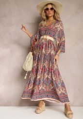 Jasnobeżowa Rozkloszowana Sukienka we Wzór Paisley z Rękawem 3/4 Briarwa. Brązowe sukienki damskie Renee, l, bez wzorów, eleganckie, bez kołnierzyka, bez ramiączek, maxi, rozkloszowane. Za 69.99 zł.