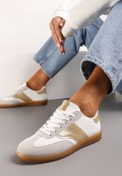 Biało-Złote Sneakersy Tenisówki z Klasycznym Sznurowaniem Norio. Białe trampki i tenisówki damskie Renee, bez wzorów, z jeansu, bez zapięcia. Za 69.99 zł.