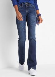Dżinsy ze stretchem o kroju bootcut, mid waist. Niebieskie jeansy damskie bonprix, bez wzorów, z jeansu. Za 129.99 zł.