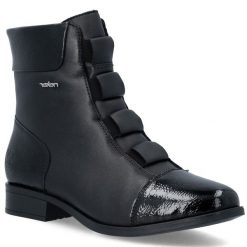 Skórzane botki damskie komfortowe czarne Rieker 77053-00. Czarne botki damskie Rieker, bez wzorów, ze skóry, bez obcasa, bez zapięcia. Za 429.00 zł.