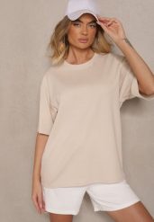 Jasnobeżowy Basicowy T-shirt z Bawełny Meranissea. Brązowe t-shirty damskie Renee, bez wzorów, z bawełny, bez kołnierzyka, bez ramiączek. Za 44.99 zł.