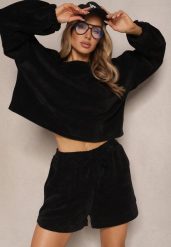 Czarny Basicowy Komplet Szorty i Bluza Novirissa. Czarne bluzy damskie Renee, na lato, bez wzorów, z materiału, bez ramiączek, bez kaptura. Za 109.99 zł.
