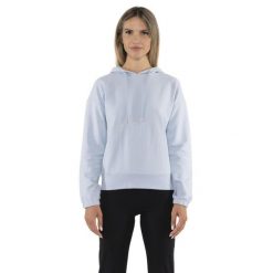 Bluza z bawełna z kaptur na co dzień na siłownię. Niebieskie bluzy damskie LEONE 1947 APPAREL, bez wzorów, z bawełny, sportowe, bez ramiączek, bez kaptura. W wyprzedaży za 151.56 zł.