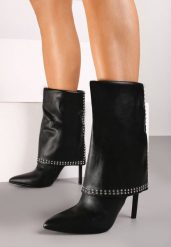 Czarne Botki na Szpilce z Wywiniętą Cholewką z Nitami Accendia. Czarne botki damskie Born2be, bez wzorów, eleganckie, bez obcasa, na obcasie, bez zapięcia. Za 169.99 zł.