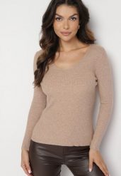 Ciemnobeżowy Sweter Prążkowany z Trójkątnym Dekoltem Vorila. Brązowe swetry nierozpinane damskie Born2be, s, bez wzorów, prążkowane, eleganckie, bez kołnierzyka, bez ramiączek. Za 39.99 zł.
