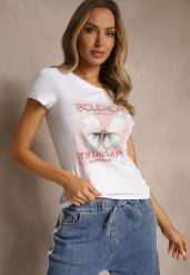Biały T-shirt z Bawełny Ozdobiony Cyrkoniami i Motylem Uliadwena. Białe t-shirty damskie Renee, s, bez wzorów, z bawełny, klasyczne, bez kołnierzyka, bez ramiączek. Za 39.99 zł.
