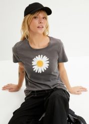 T-shirt z czystej bawełny organicznej. Szare t-shirty damskie bonprix, bez wzorów, z bawełny, bez kołnierzyka, bez ramiączek. Za 64.99 zł.