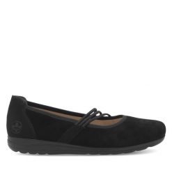 Półbuty Rieker. Czarne półbuty damskie Rieker, bez wzorów, bez obcasa, na płaskiej podeszwie, bez zapięcia. Za 309.99 zł.