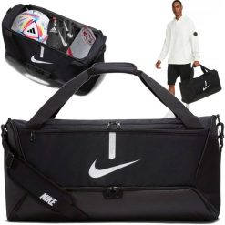 Torba sportowa Nike Academy Team na siłownię basen z wentylowaną kieszenią 60L. Czarne torby na ramię męskie Nike, na ramię. Za 126.88 zł.