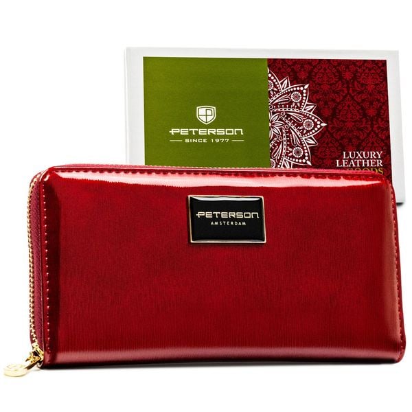 Duży, czerwony portfel damski z lakierowanej skóry naturalnej PTN PH25-1-SH Peterson. Czerwone portfele damskie Peterson, ze skóry. Za 105.99 zł.