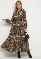 Brązowa Sukienka w Panterkę w Stylu Retro z Ozdobnymi Lamówkami Zetizia. Brązowe sukienki damskie Born2be, l, bez wzorów, z materiału, retro, bez kołnierzyka, bez ramiączek, maxi. Za 149.99 zł.