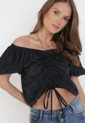 Czarna Bluzka Aethenis. Czarne bluzki damskie Born2be, s, bez wzorów, z jeansu, bez kołnierzyka, bez ramiączek. Za 19.99 zł.