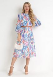 Niebieska Plisowana Sukienka Midi z Paskiem Hyacida. Niebieskie sukienki damskie Born2be, na imprezę, l, bez wzorów, eleganckie, bez kołnierzyka, bez ramiączek, midi. Za 139.99 zł.