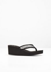 Klapki na koturnie z cekinami. Czarne klapki damskie bonprix, na lato, bez wzorów, eleganckie, bez obcasa, na koturnie, bez zapięcia. Za 74.99 zł.
