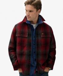 Superdry Wool Blend Miller Overshirt – koszula-overshirt z wełną. Czerwone koszule damskie Superdry, xl, z aplikacjami, z bawełny, klasyczne, bez kołnierzyka, bez ramiączek. Za 439.80 zł.