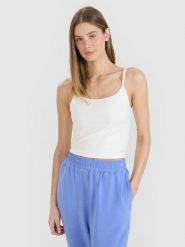4F Crop-top slim damski - biały S. Białe topy damskie 4F, s, bez wzorów, z dzianiny, sportowe, bez kołnierzyka, bez ramiączek. Za 29.99 zł.